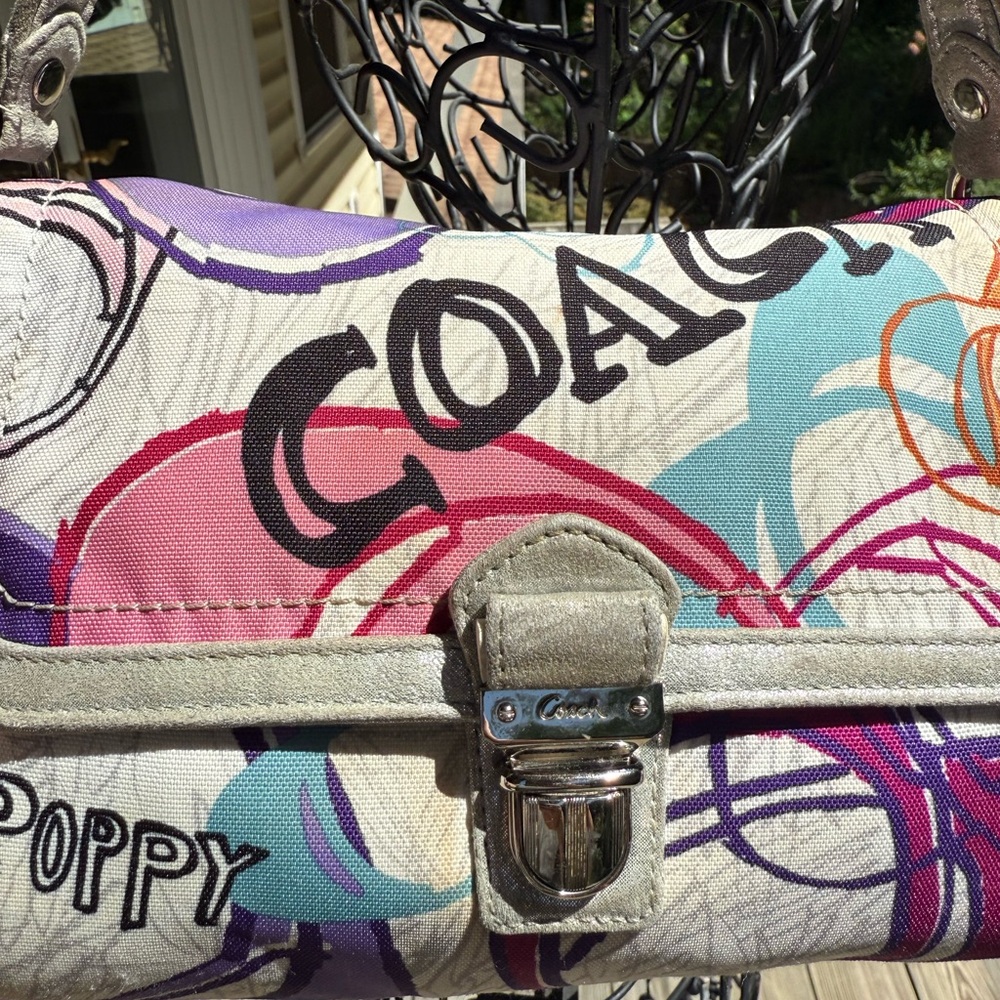 Coach Poppy Graffiti Glam Canvas Shoulder Bag Multi Color Metallic Silver‎ Trim